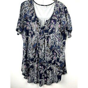 Halife Top Womens XXL 2X Baby Doll Blue Tunic Soft Stretch Short Sleeve Pullover